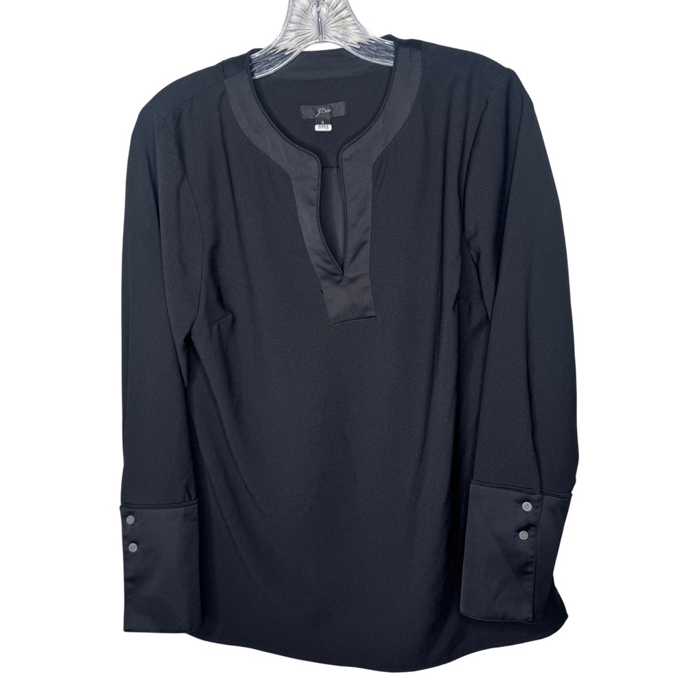J Crew Black Satin Trim V Neck Long Sleeve Blouse Top‎ Womens Size S Business